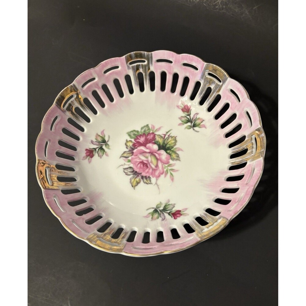 Vintage Lefton Hand Painted 8 1/4" Porcelain Reticulated Bread bowl, candy dish